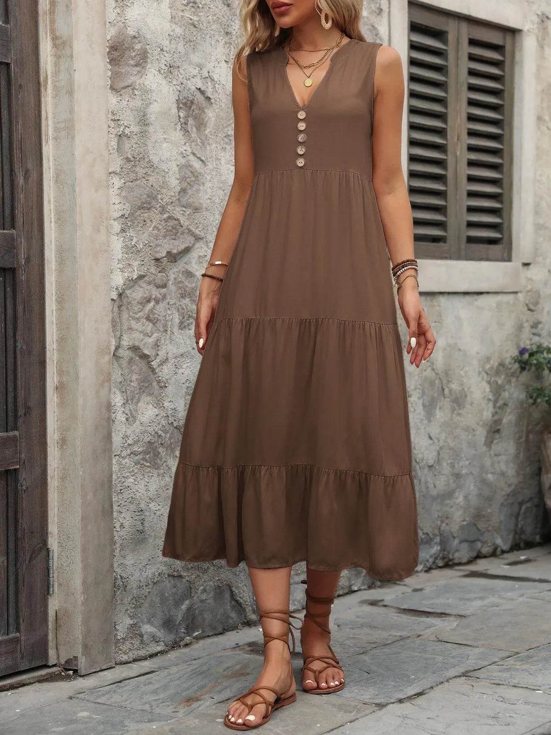 Decorative Button Notched Sleeveless Dress – Elegant Casual Style for Women - Bona Fide Fashion