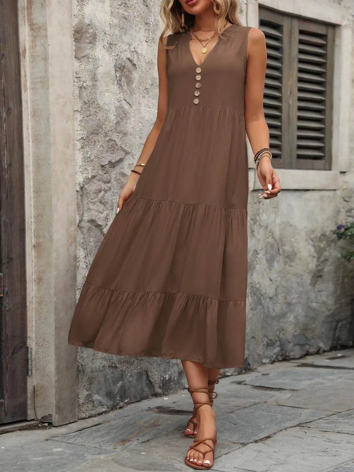 Decorative Button Notched Sleeveless Dress – Elegant Casual Style for Women - Bona Fide Fashion