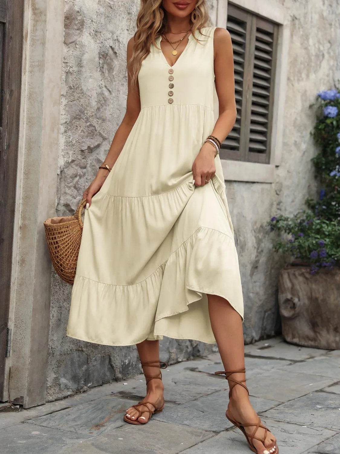Decorative Button Notched Sleeveless Dress – Elegant Casual Style for Women - Bona Fide Fashion