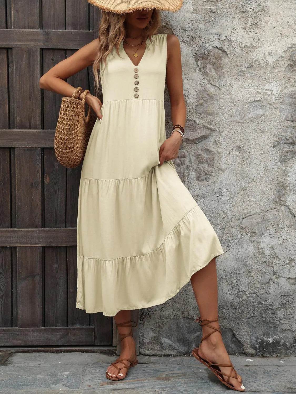 Decorative Button Notched Sleeveless Dress – Elegant Casual Style for Women - Bona Fide Fashion