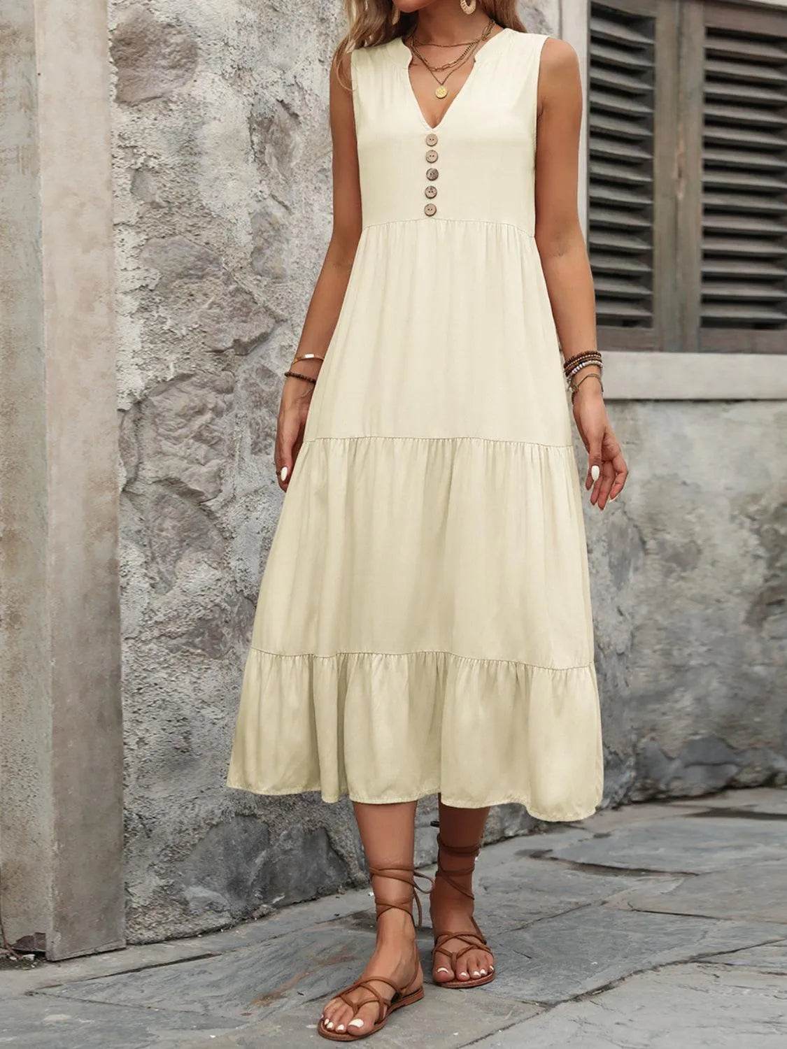 Decorative Button Notched Sleeveless Dress – Elegant Casual Style for Women - Bona Fide Fashion