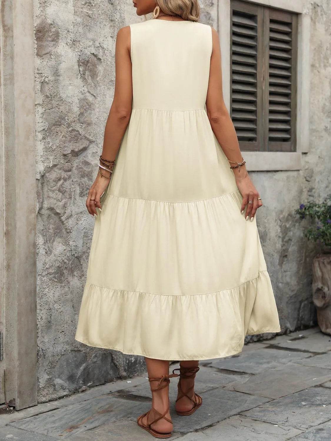 Decorative Button Notched Sleeveless Dress – Elegant Casual Style for Women - Bona Fide Fashion