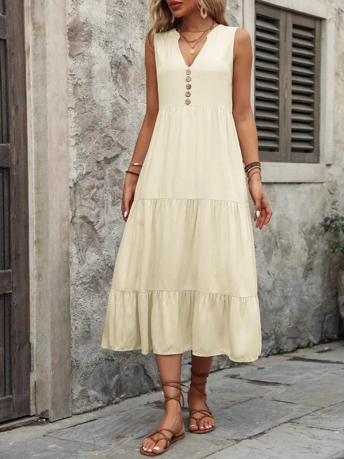 Decorative Button Notched Sleeveless Dress – Elegant Casual Style for Women - Bona Fide Fashion