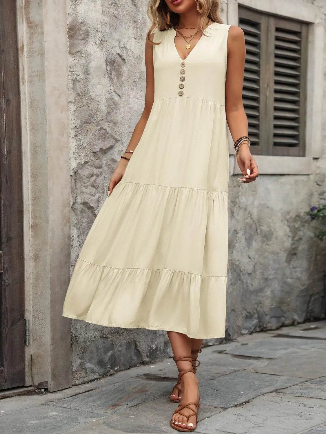 Decorative Button Notched Sleeveless Dress – Elegant Casual Style for Women - Bona Fide Fashion