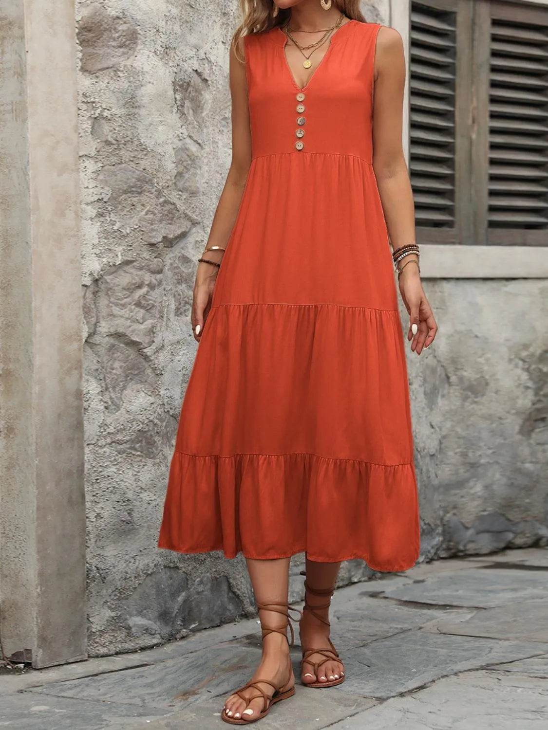 Decorative Button Notched Sleeveless Dress – Elegant Casual Style for Women - Bona Fide Fashion
