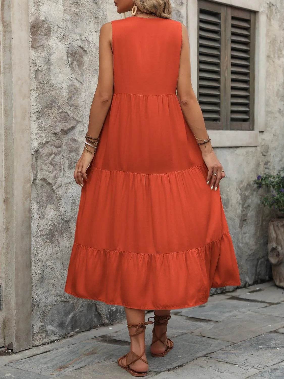 Decorative Button Notched Sleeveless Dress – Elegant Casual Style for Women - Bona Fide Fashion