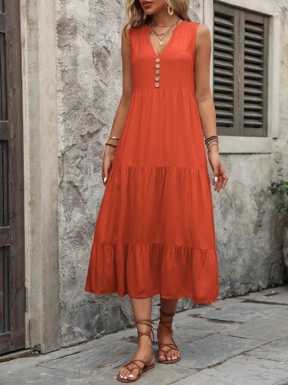 Decorative Button Notched Sleeveless Dress – Elegant Casual Style for Women - Bona Fide Fashion
