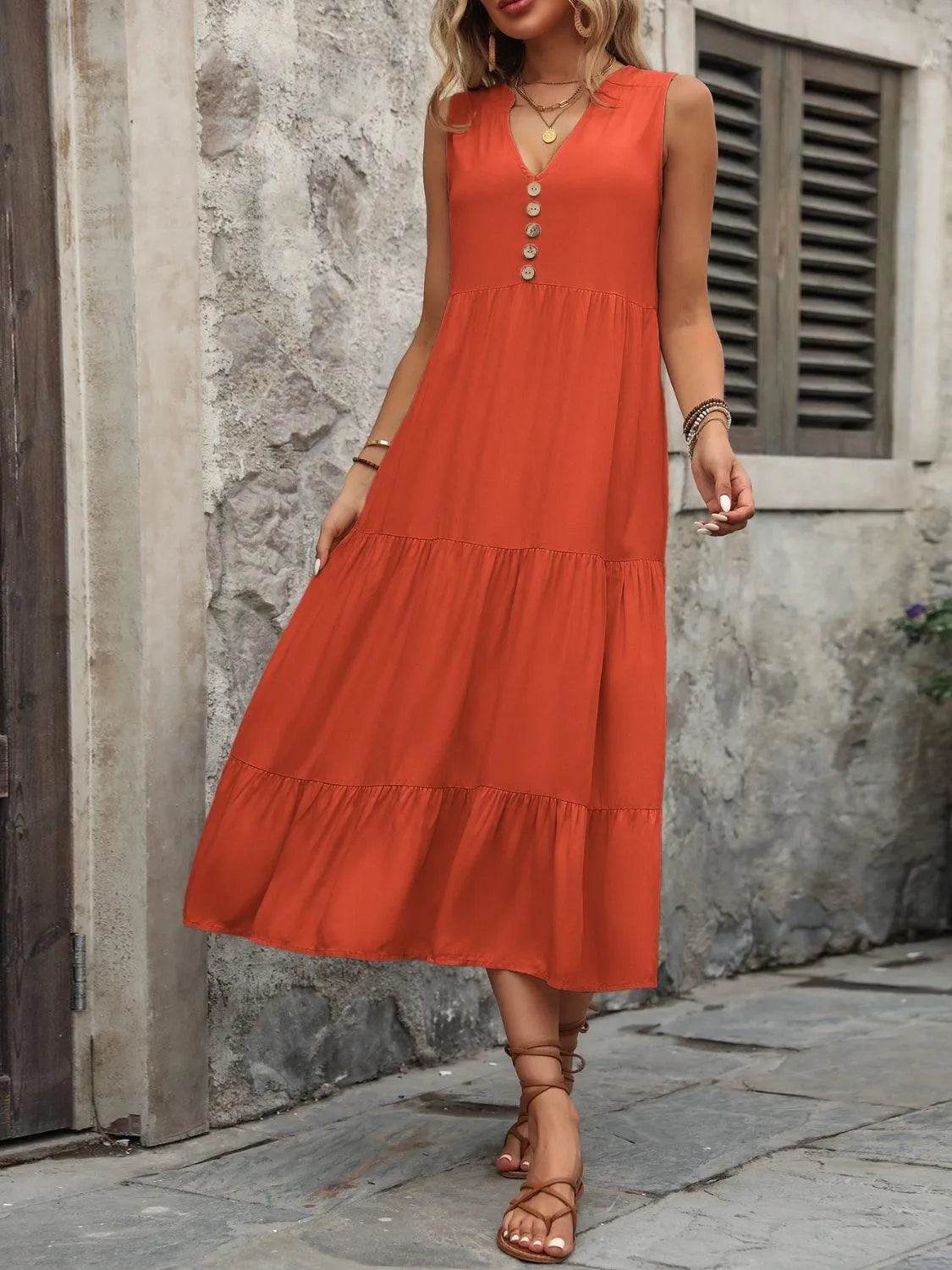 Decorative Button Notched Sleeveless Dress – Elegant Casual Style for Women - Bona Fide Fashion