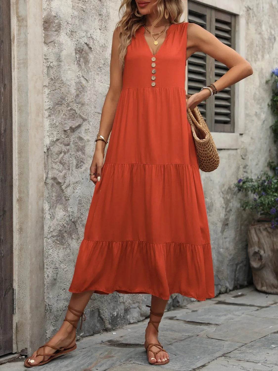 Decorative Button Notched Sleeveless Dress – Elegant Casual Style for Women - Bona Fide Fashion