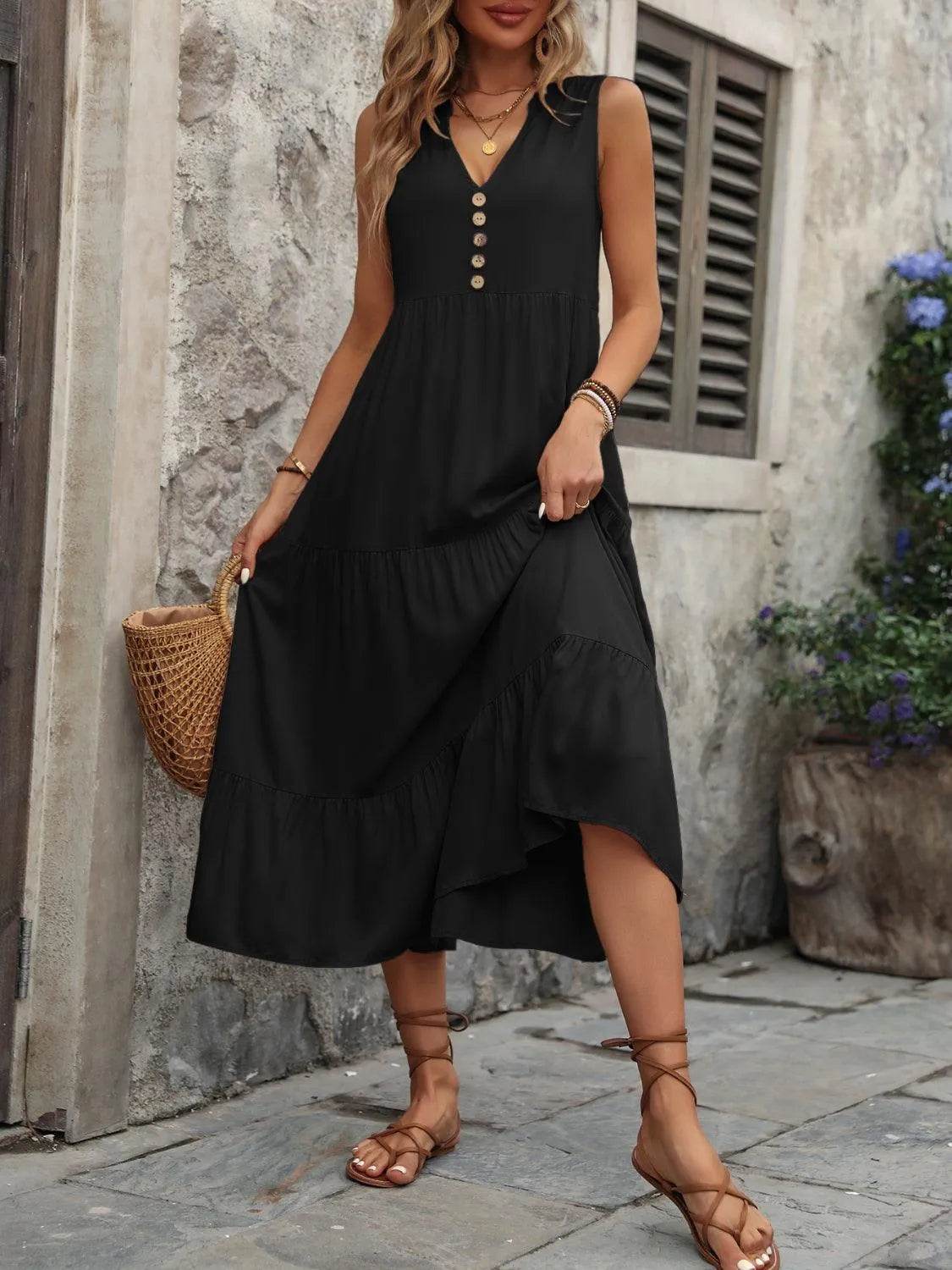 Decorative Button Notched Sleeveless Dress – Elegant Casual Style for Women - Bona Fide Fashion