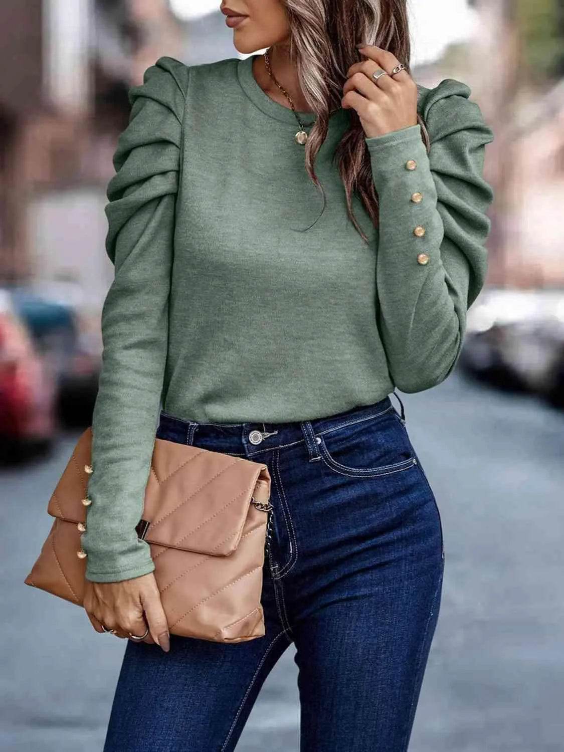 Bona Fide Fashion - Decorative Button Puff Sleeve T-Shirt - Women Fashion - Bona Fide Fashion