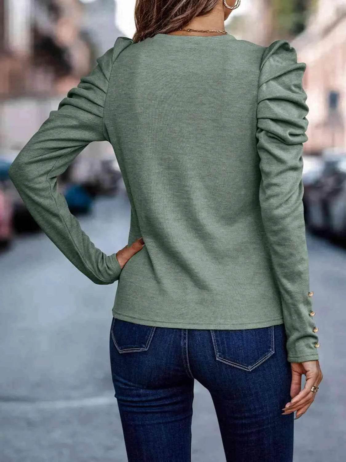 Bona Fide Fashion - Decorative Button Puff Sleeve T-Shirt - Women Fashion - Bona Fide Fashion