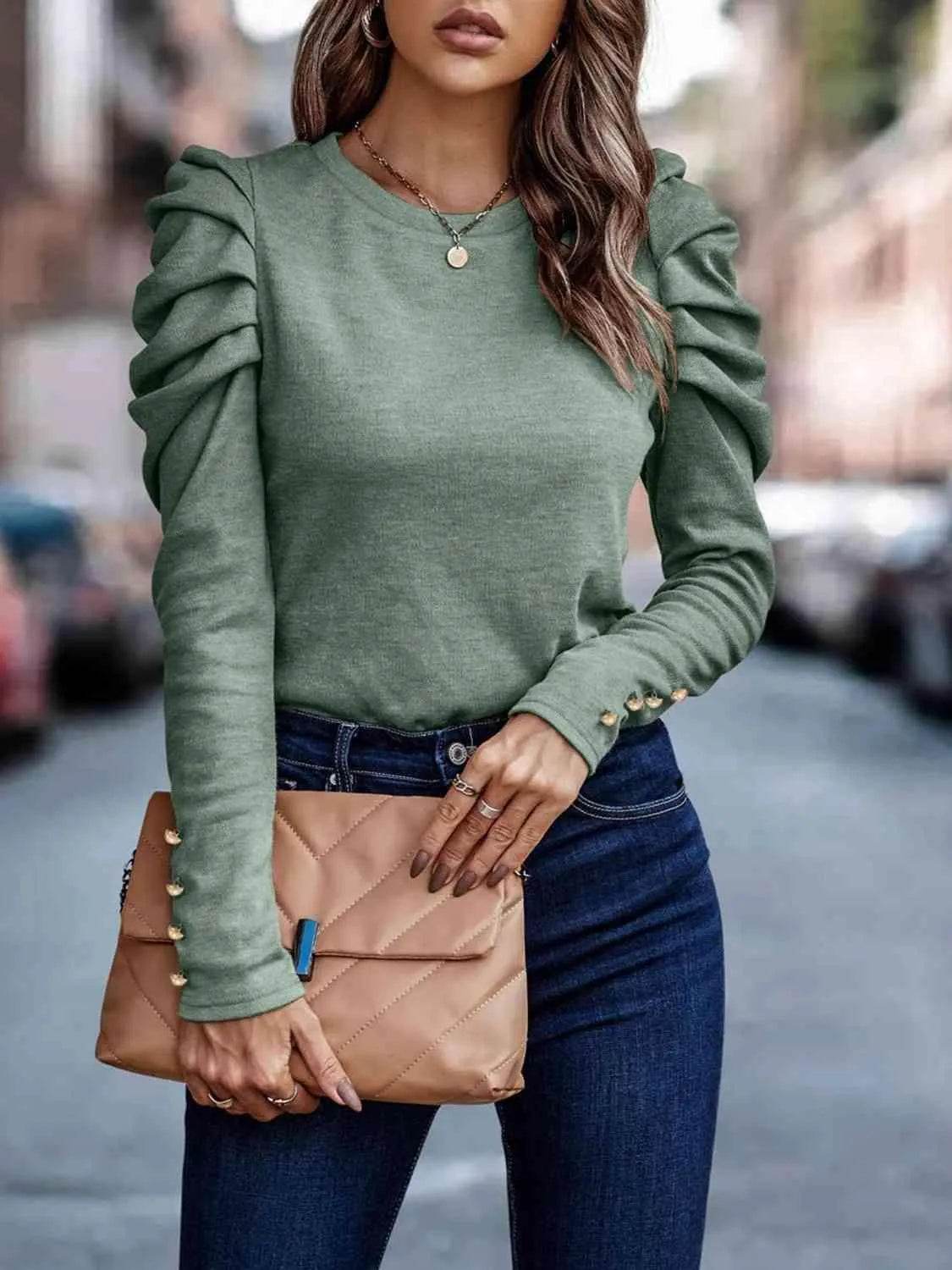 Bona Fide Fashion - Decorative Button Puff Sleeve T-Shirt - Women Fashion - Bona Fide Fashion