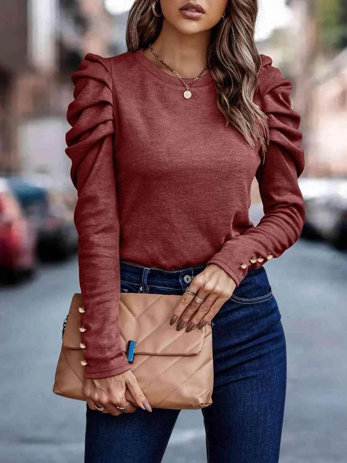 Bona Fide Fashion - Decorative Button Puff Sleeve T-Shirt - Women Fashion - Bona Fide Fashion