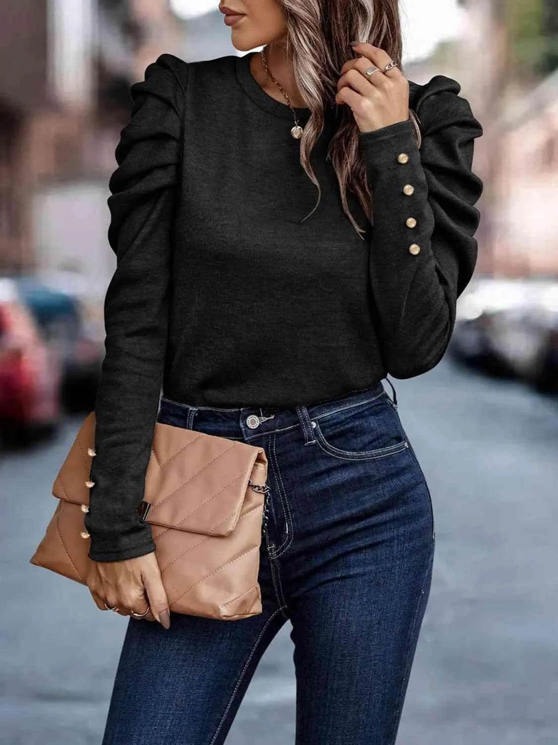 Bona Fide Fashion - Decorative Button Puff Sleeve T-Shirt - Women Fashion - Bona Fide Fashion