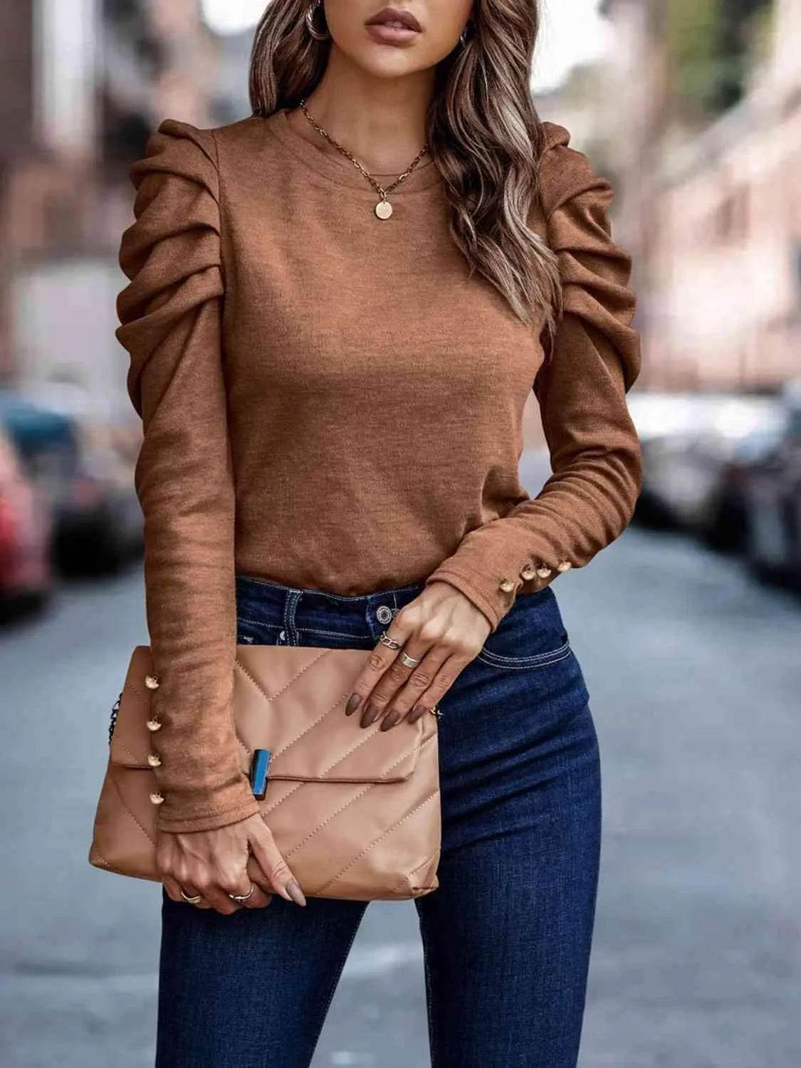 Bona Fide Fashion - Decorative Button Puff Sleeve T-Shirt - Women Fashion - Bona Fide Fashion