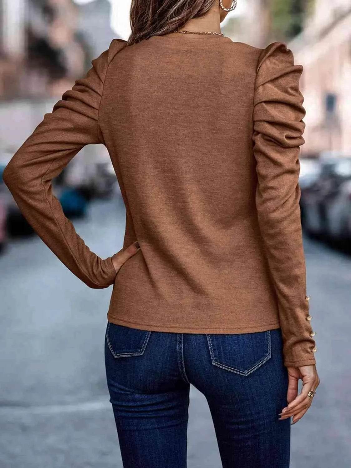 Bona Fide Fashion - Decorative Button Puff Sleeve T-Shirt - Women Fashion - Bona Fide Fashion