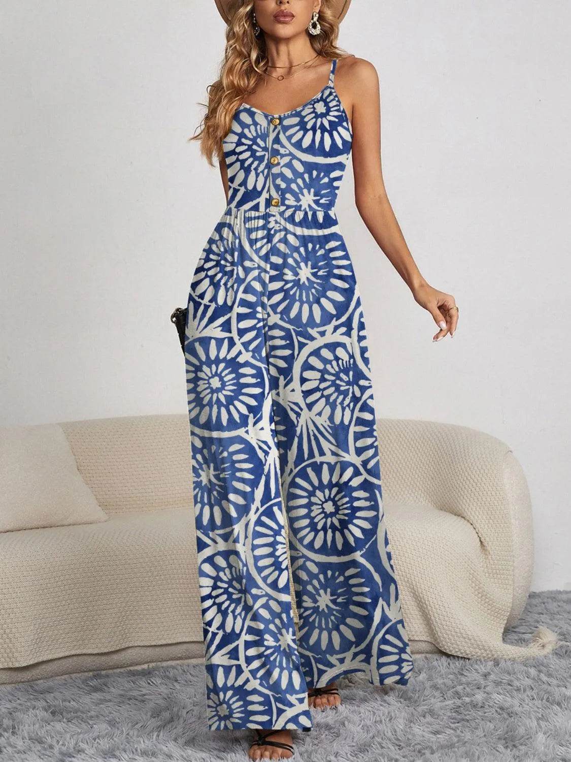 Decorative Button Spaghetti Strap Wide Leg Jumpsuit – Trendy One-Piece Outfit for Women - Bona Fide Fashion