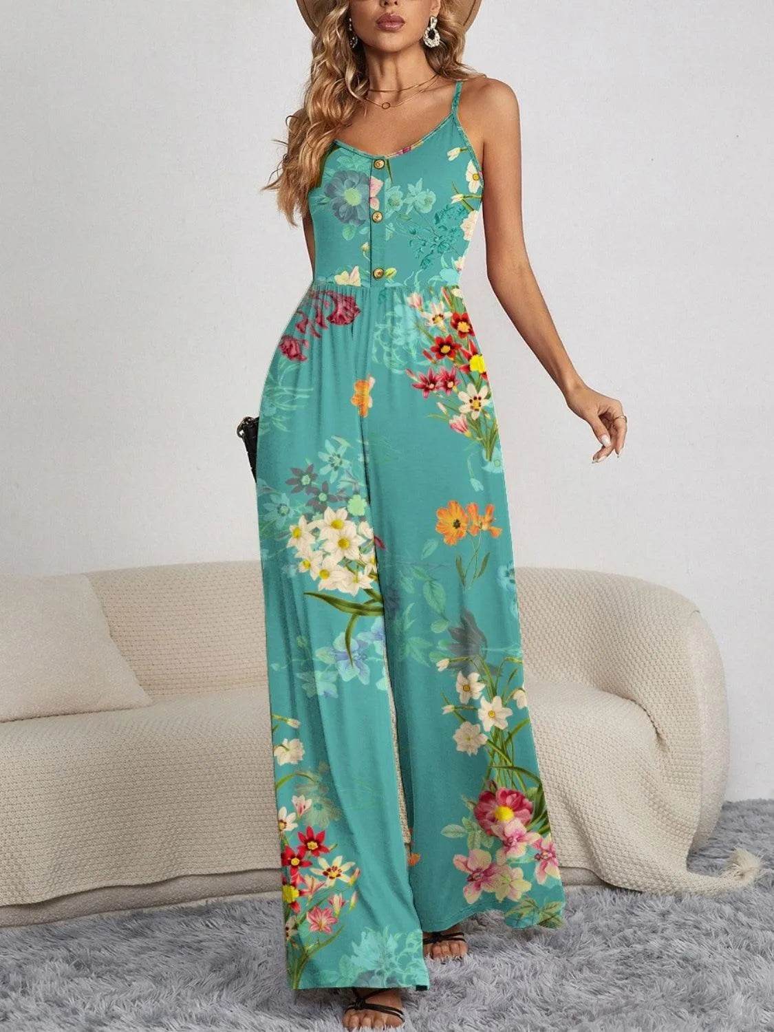 Decorative Button Spaghetti Strap Wide Leg Jumpsuit – Trendy One-Piece Outfit for Women - Bona Fide Fashion