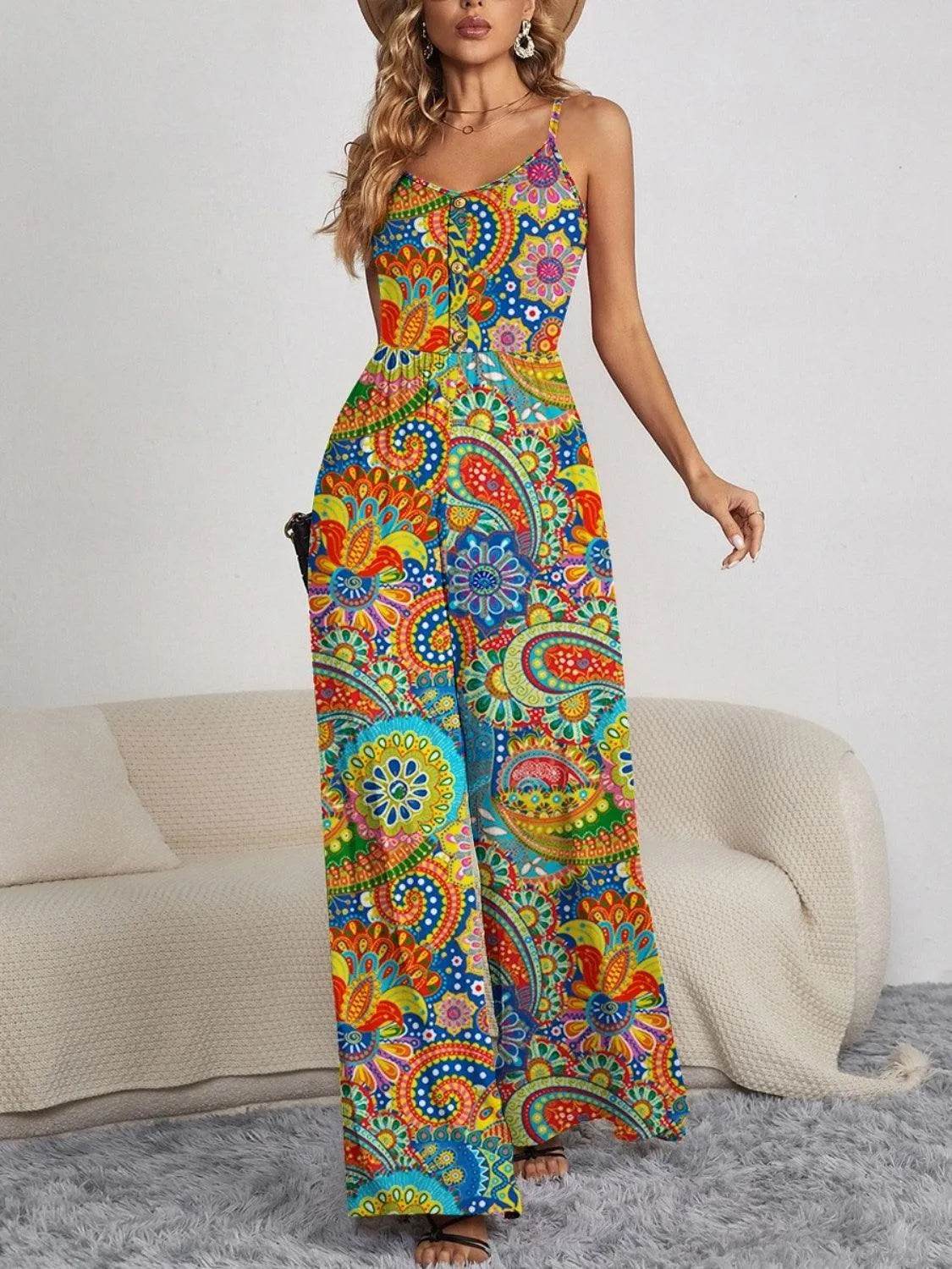 Decorative Button Spaghetti Strap Wide Leg Jumpsuit – Trendy One-Piece Outfit for Women - Bona Fide Fashion