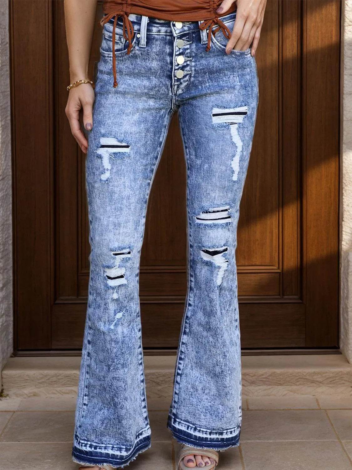 Bona Fide Fashion - Distressed Button-Fly Bootcut Jeans with Pockets - Women Fashion - Bona Fide Fashion