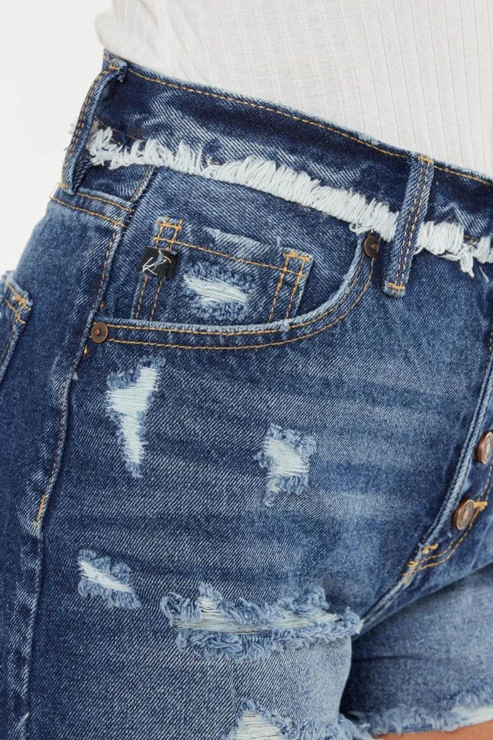 Kancan Distressed Button Fly Denim Shorts – Trendy High-Rise Jean Shorts for Women - Bona Fide Fashion