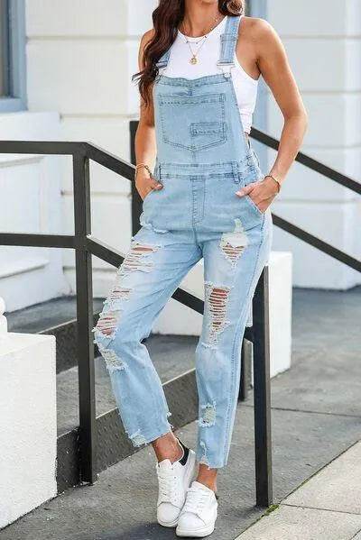 Distressed Denim Overalls with Pockets – Trendy Casual Outfit for Women - Bona Fide Fashion