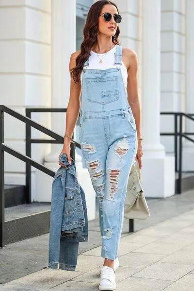 Distressed Denim Overalls with Pockets – Trendy Casual Outfit for Women - Bona Fide Fashion