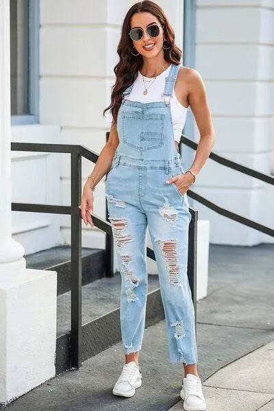 Distressed Denim Overalls with Pockets – Trendy Casual Outfit for Women - Bona Fide Fashion