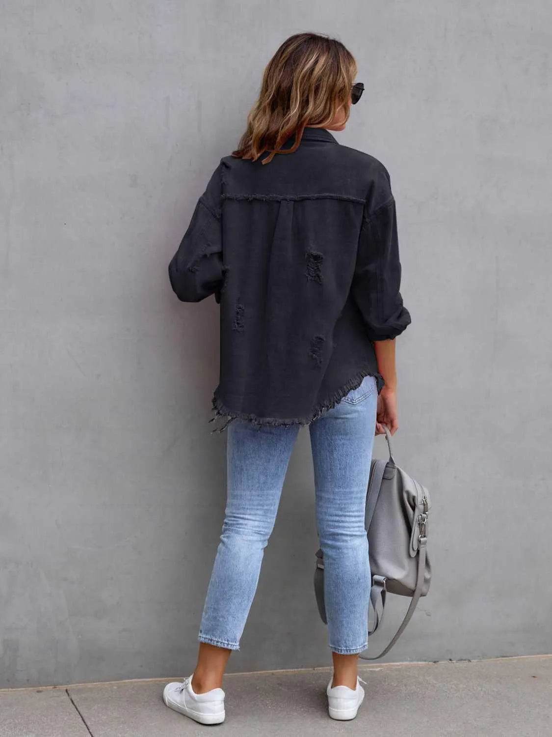 Bona Fide Fashion - Distressed Drop Shoulder Denim Jacket - Women Fashion - Bona Fide Fashion