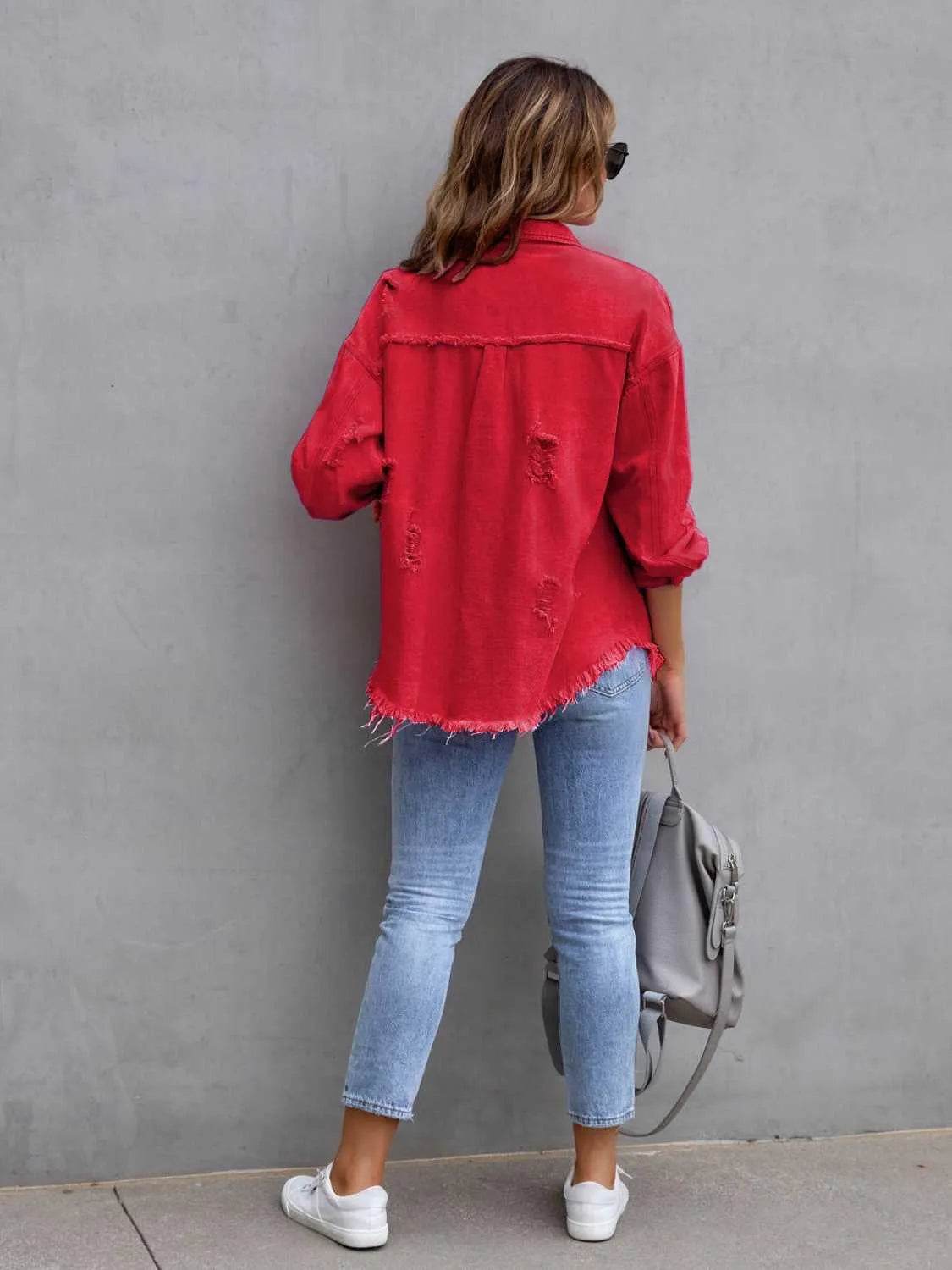 Bona Fide Fashion - Distressed Drop Shoulder Denim Jacket - Women Fashion - Bona Fide Fashion