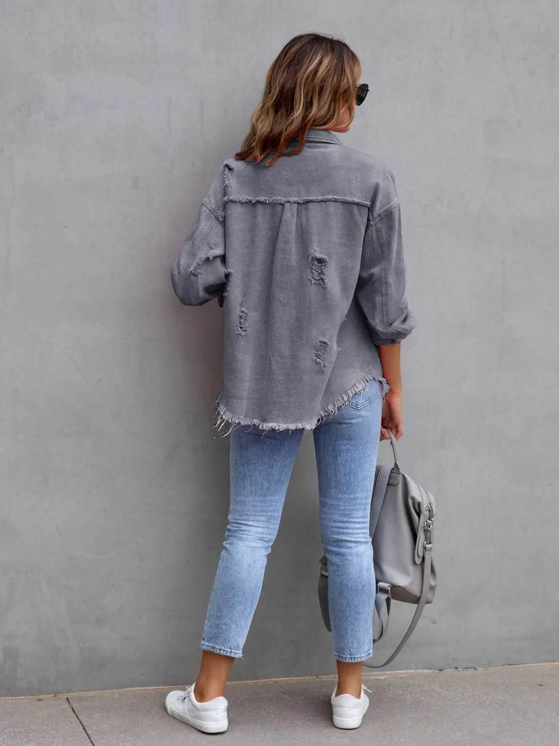 Bona Fide Fashion - Distressed Drop Shoulder Denim Jacket - Women Fashion - Bona Fide Fashion