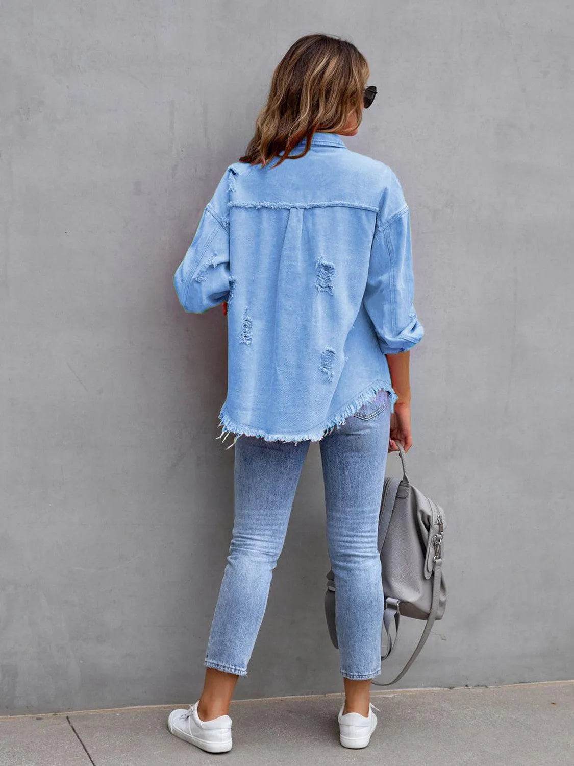 Bona Fide Fashion - Distressed Drop Shoulder Denim Jacket - Women Fashion - Bona Fide Fashion