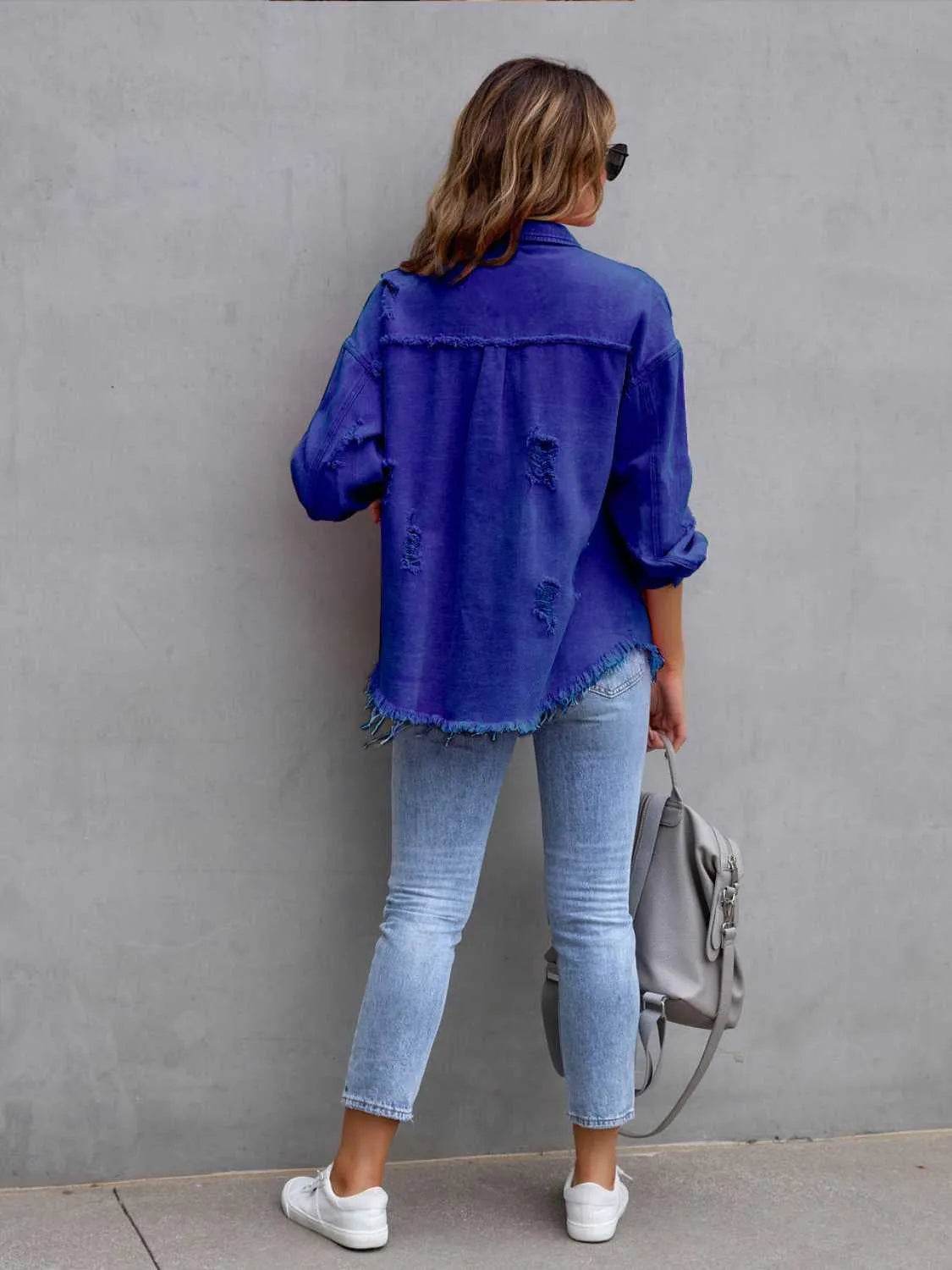 Bona Fide Fashion - Distressed Drop Shoulder Denim Jacket - Women Fashion - Bona Fide Fashion