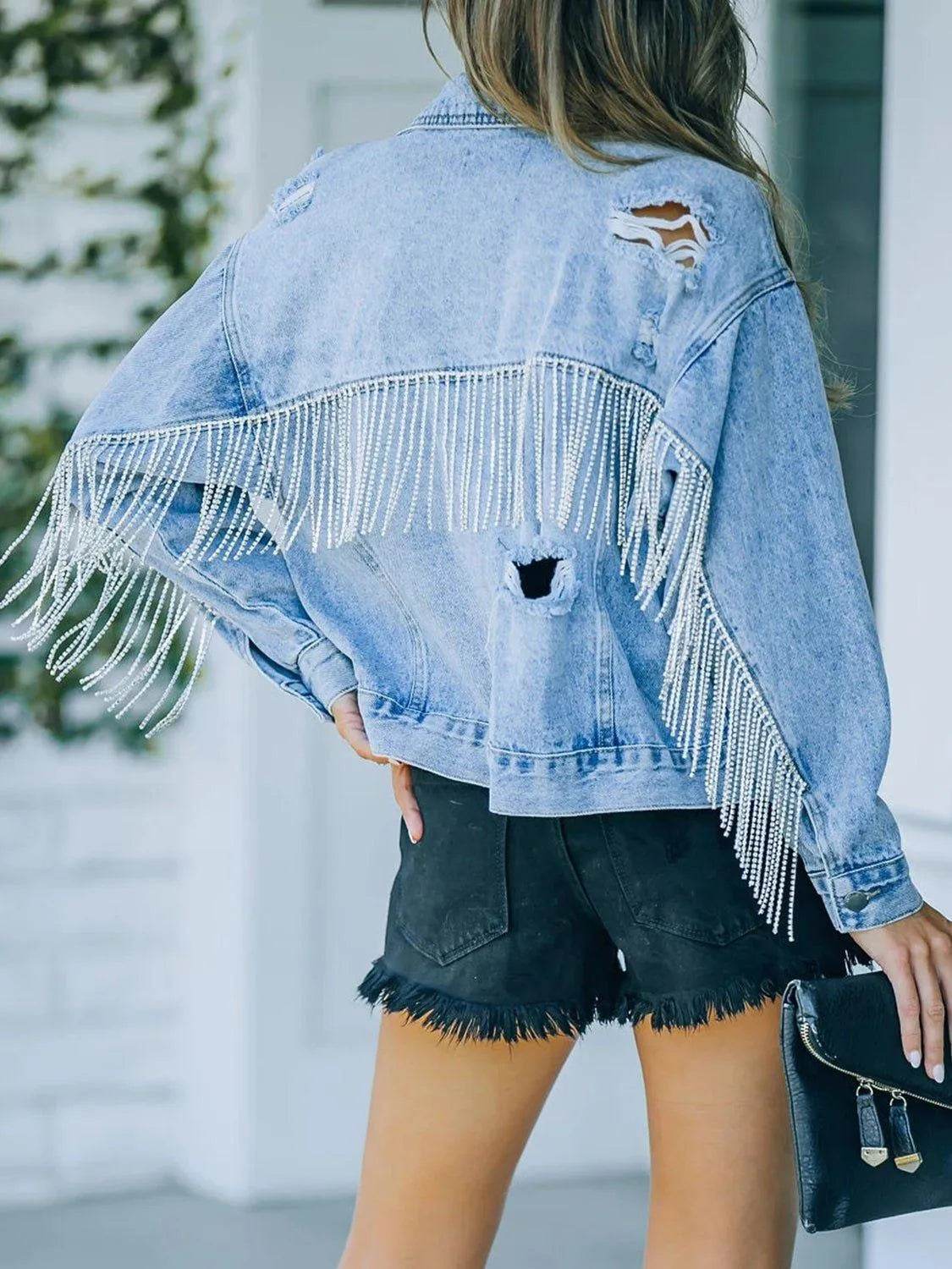 Bona Fide Fashion - Distressed Fringe Denim Jacket - Women Fashion - Bona Fide Fashion