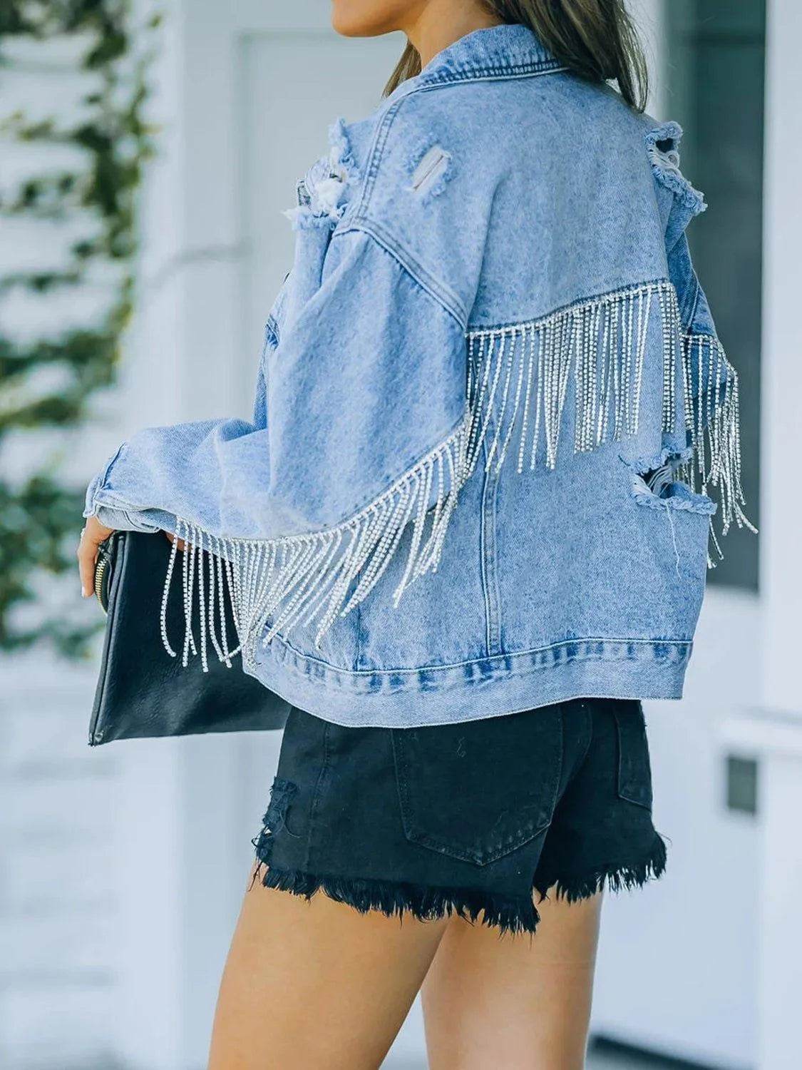 Bona Fide Fashion - Distressed Fringe Denim Jacket - Women Fashion - Bona Fide Fashion