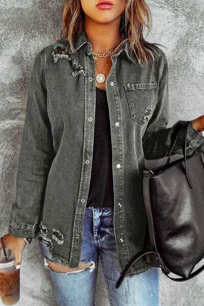Bona Fide Fashion - Distressed Raw Hem Snap Down Denim Jacket - Women Fashion - Bona Fide Fashion