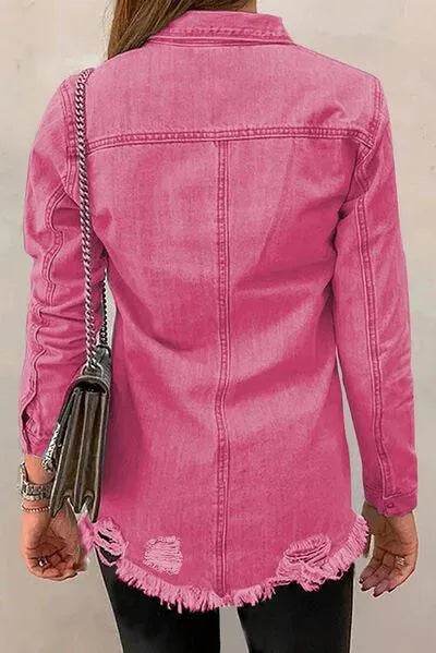 Bona Fide Fashion - Distressed Raw Hem Snap Down Denim Jacket - Women Fashion - Bona Fide Fashion