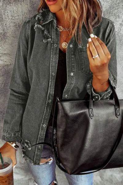 Bona Fide Fashion - Distressed Raw Hem Snap Down Denim Jacket - Women Fashion - Bona Fide Fashion