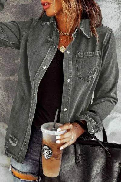 Bona Fide Fashion - Distressed Raw Hem Snap Down Denim Jacket - Women Fashion - Bona Fide Fashion