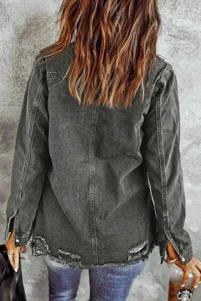 Bona Fide Fashion - Distressed Raw Hem Snap Down Denim Jacket - Women Fashion - Bona Fide Fashion
