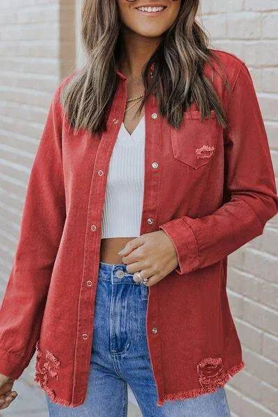 Bona Fide Fashion - Distressed Raw Hem Snap Down Denim Jacket - Women Fashion - Bona Fide Fashion
