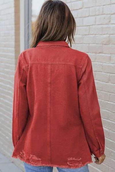 Bona Fide Fashion - Distressed Raw Hem Snap Down Denim Jacket - Women Fashion - Bona Fide Fashion