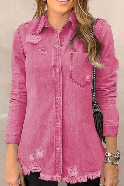 Bona Fide Fashion - Distressed Raw Hem Snap Down Denim Jacket - Women Fashion - Bona Fide Fashion