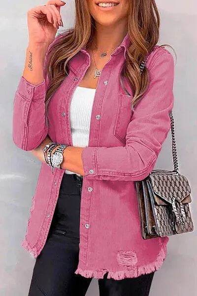 Bona Fide Fashion - Distressed Raw Hem Snap Down Denim Jacket - Women Fashion - Bona Fide Fashion