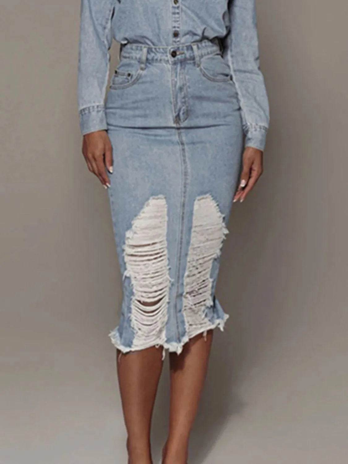Bona Fide Fashion - Distressed Slit Denim Skirt - Women Fashion - Bona Fide Fashion