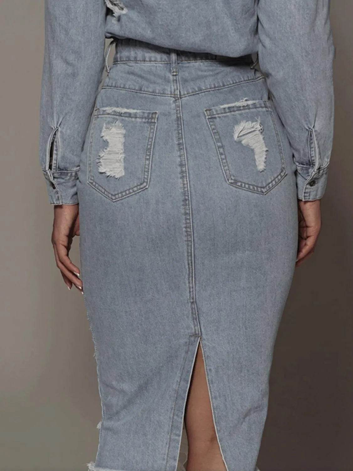 Bona Fide Fashion - Distressed Slit Denim Skirt - Women Fashion - Bona Fide Fashion
