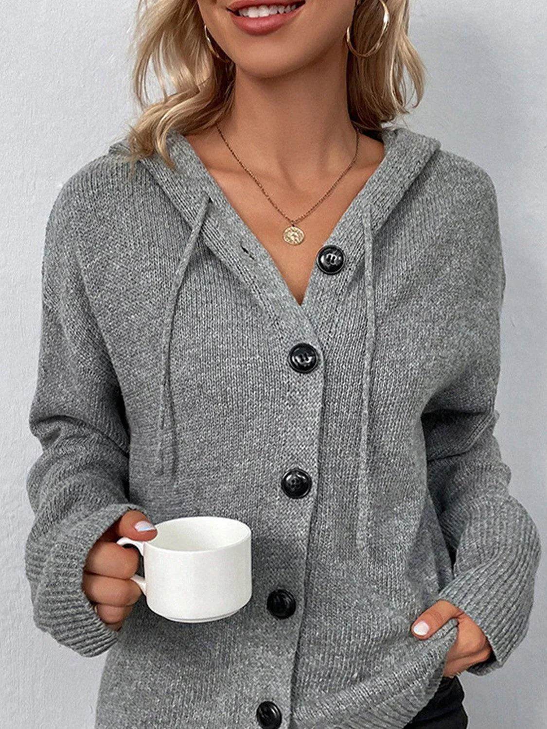 Bona Fide Fashion - Drawstring Button Up Hooded Cardigan - Women Fashion - Bona Fide Fashion