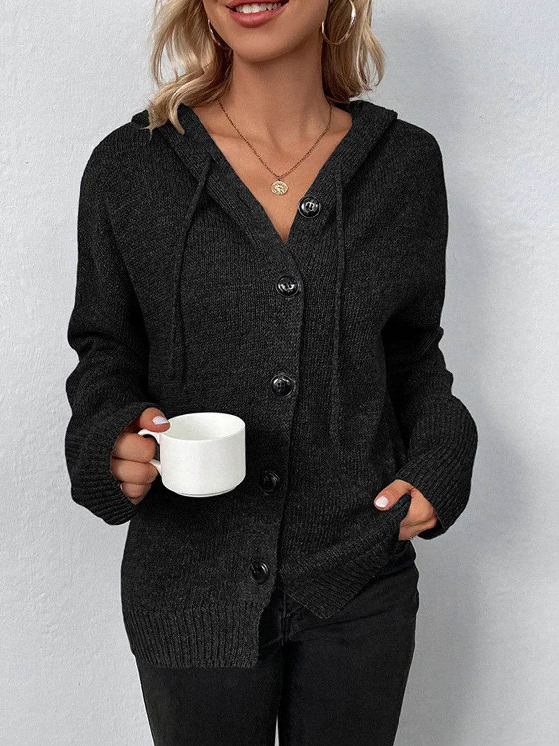Bona Fide Fashion - Drawstring Button Up Hooded Cardigan - Women Fashion - Bona Fide Fashion