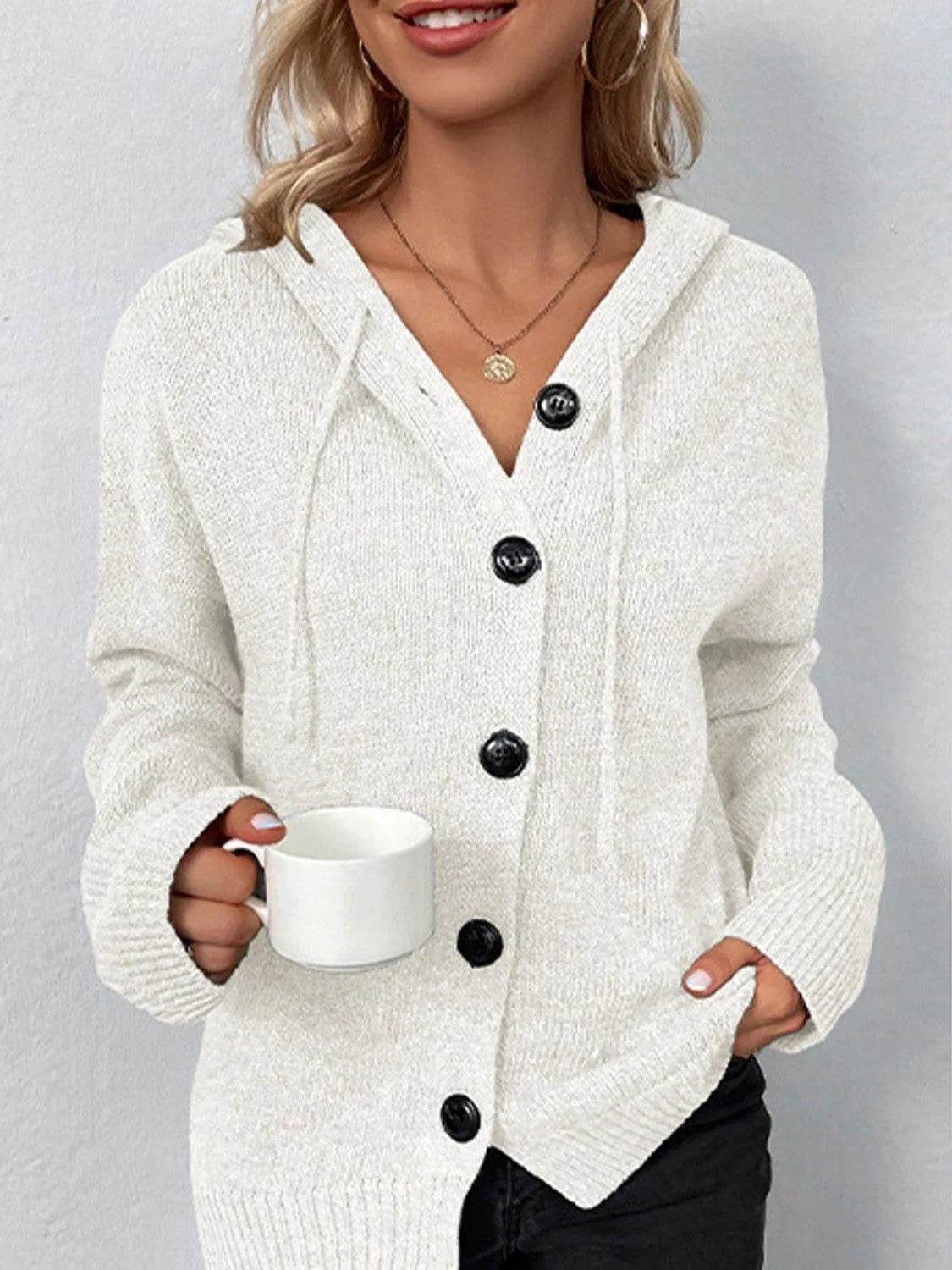 Bona Fide Fashion - Drawstring Button Up Hooded Cardigan - Women Fashion - Bona Fide Fashion